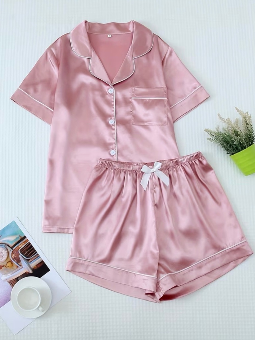 Pajama Set Satin Short Sleeve Shorts Rose Pink White Piped Trim Size M NWT